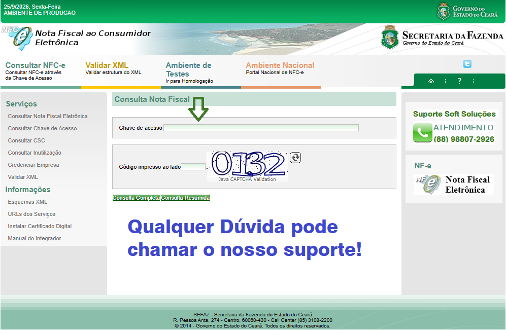 Consulta pública de NFC-e da Sefaz-CE com o campo Chave de acesso, o código de verificação e o botão Consulta Completa