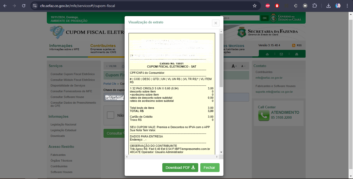 Visualização do cupom fiscal eletrônico no portal SEFAZ Ceará